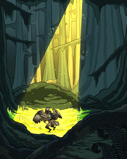 Guntram, a character of mine, in their forest dwelling. They've crashed through the Greatwoods canopy, where the trees are enormous! Guntram, a character of mine, in their forest dwelling. They've crashed through the Greatwoods canopy, where the trees are enormous!
